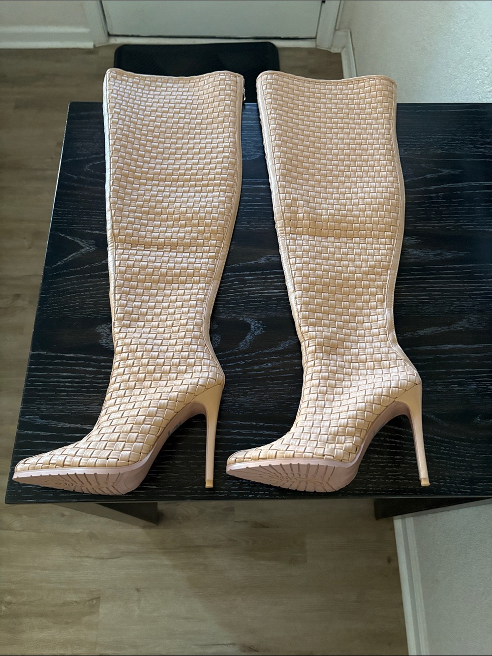 Woven Over-the-Knee Stiletto Boots in Blush
